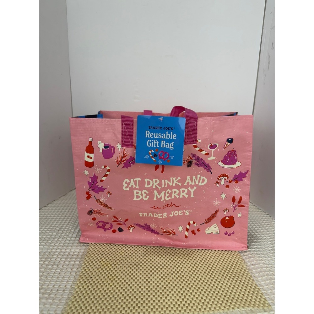 Trader Joes Eat Drink and Be Merry Reusable Gift Bag Pink Holiday Plaid NEW